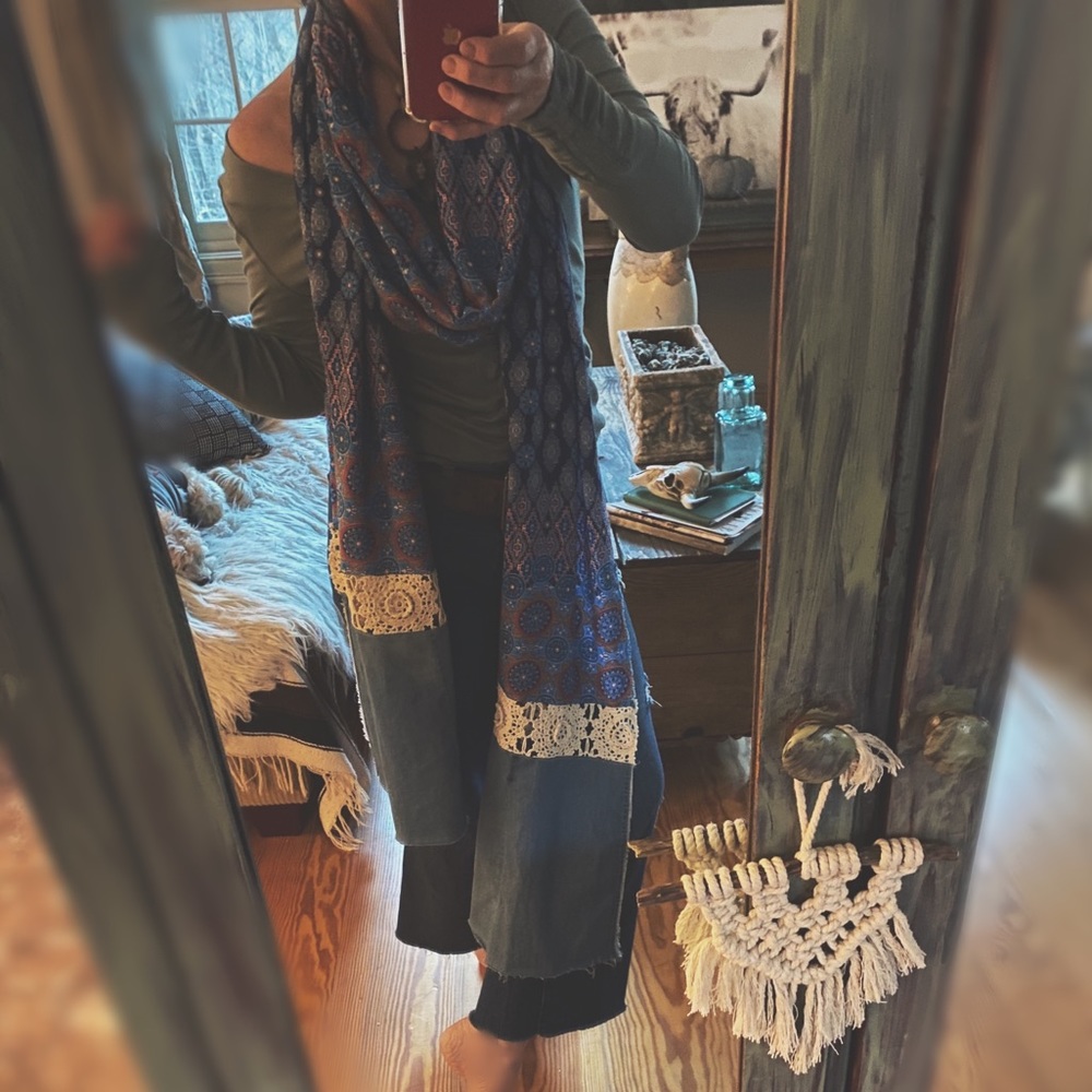 OOAK Artisan Denim Flair Raw Hem Wrap - 134” Long Aztec Medallion Scarf - Picture 11 of 16